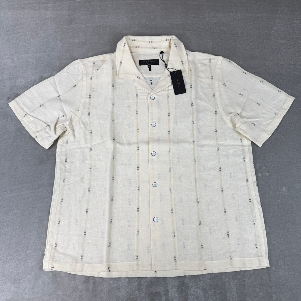 Rag & Bone Avery Embroidered Linen Shirt Mens Large White Remi Stripe $258 NWT